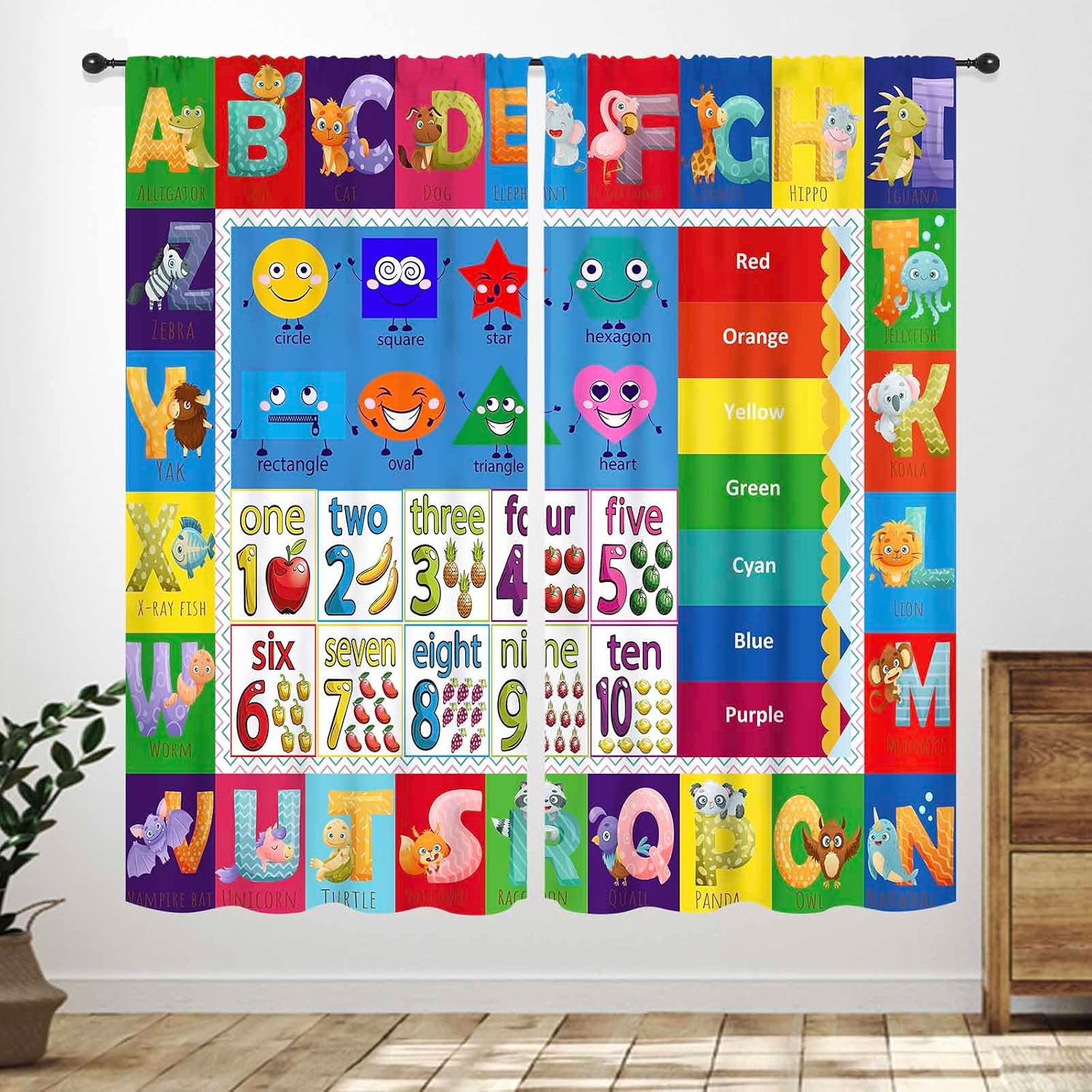 Abc Kids Early Education - ABC Number Shape Curtain Panels, Colorful